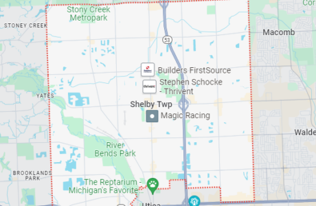 A Google Map screenshot with Shelby Township bordered in red dots.