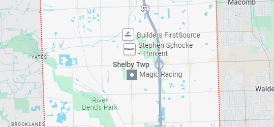 A Google Map screenshot with Shelby Township bordered in red dots.